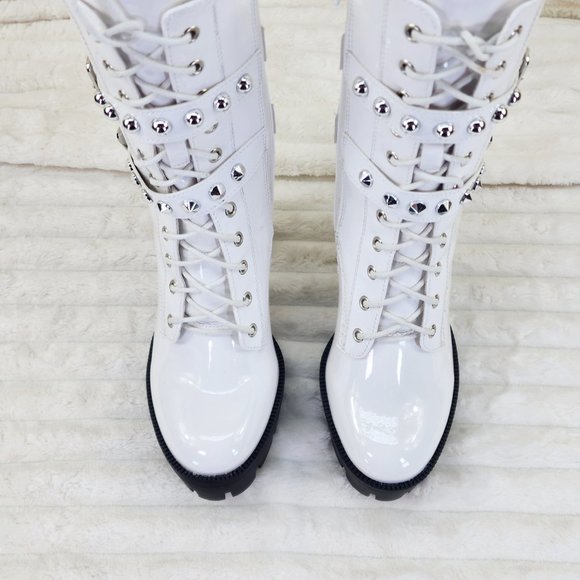 Bright White Patent Lug Sole Studded Strap Ankle Boots Temptress - Picture 5 of 12